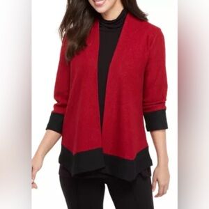 Kasper Red/Black Open-Front Women's Boiled Wool Sweater Cardigan Size LP